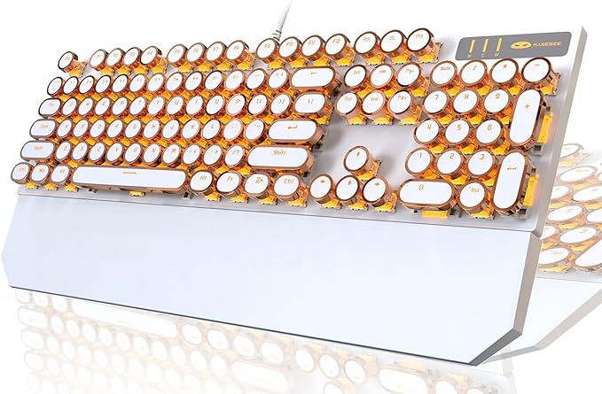 Camiysn Typewriter Style Mechanical Keyboard, Retro Punk Gaming Keyboard with Gold LED Backlit, Cute Wired Keyboards,104 Keys Full Size Keyboards, Uique Round Keycaps for Windows/Mac/PC(White&Gold)