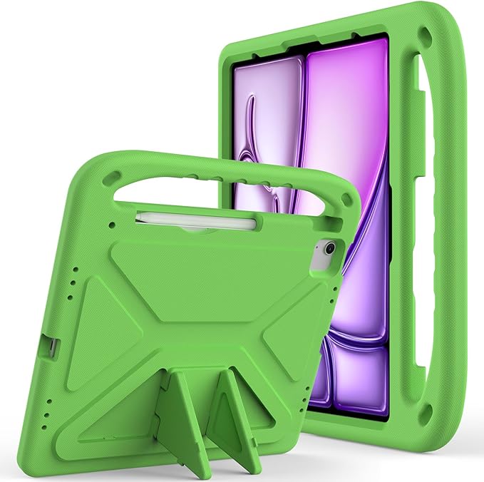 Kids Case for iPad Air 13 inch M4/M3/M2 (2026/2025/2024) & iPad Pro 13 inch M5/M4 (2025/2024) & iPad Pro 12.9 inch Case 6th/5th/4th/3rd Generation with Pencil Holder/Handle Stand Cover, Green