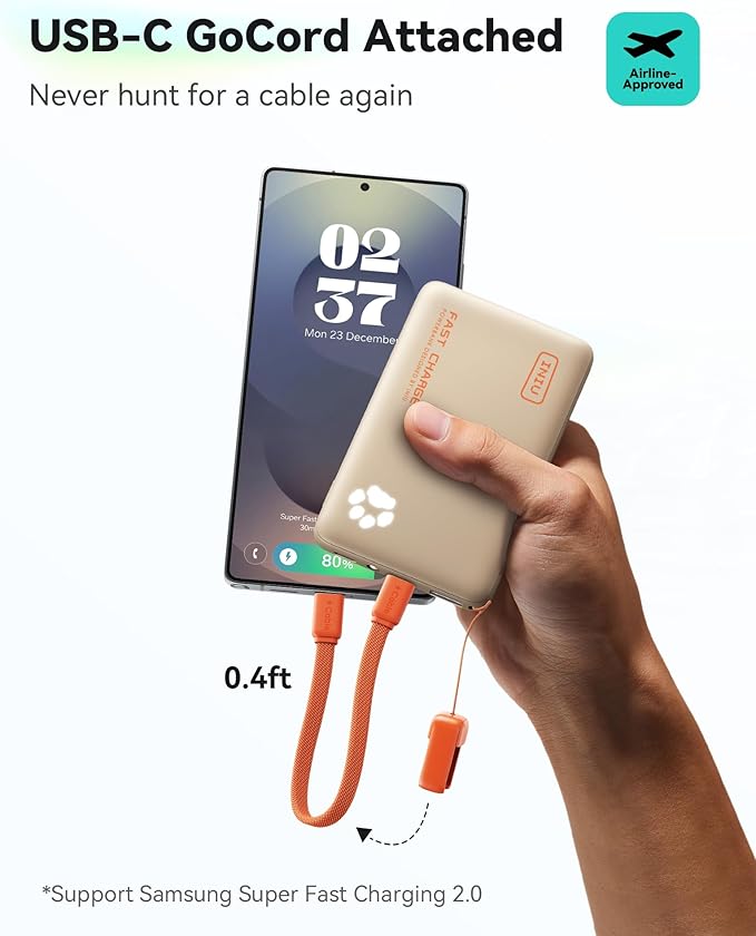 INIU Portable Charger, Ultra Slim 45W Fast Charging with Attached USB C Cable, 10000mAh Power Bank Battery Pack, Travel Essential Phone Powerbank for iPhone 17 16 Samsung S25 Google, Beige