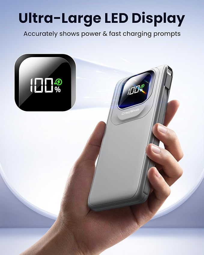 Portable Charger Power Bank with Built-in Type C Cables, 22.5W Fast Charging 10000mAh Phone Charger, Travel Battery Pack Slim Battery Bank with Smart LED Display for iPhone, Android & USB-C-Gray