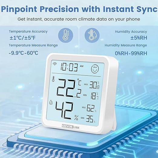 WiFi Indoor Hygrometer Thermometer, Smart Digital Bluetooth Humidity Temperature Gauge with Large LCD Display, Notification Alert with Max Min Records, 1-Years Data Storage Export for Room