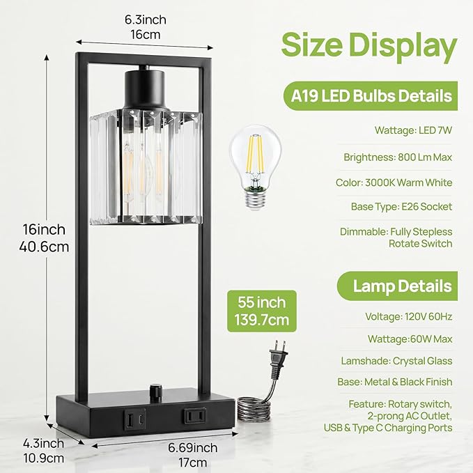 16" Desk Lamps for Home Office, Bedside Lamps with USB C+A Ports and Outlet, Black Fully Stepless Dimmable Industrial Table Lamps with Crytal Glass Shade for Reading Living Room, LED Bulbs Included