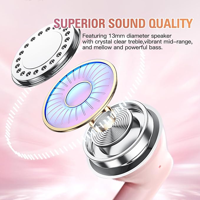 Pink True Wireless Earbuds Bluetooth 5.3 with Microphone for Working Out Noise Canceling Blue Tooth Ear Buds Deep Bass TWS Wireless Earphones with Charging Case in Ear Headphone for iPhone Android