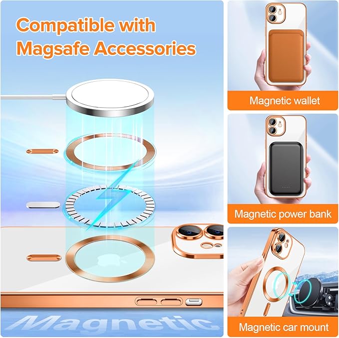 Hython Magnetic Clear for iPhone 12 Case with Camera Lens Protector [Compatible with MagSafe] Luxury Plating Edge Slim Soft TPU Cover Protective Phone Case for iPhone 12 6.1", Orange