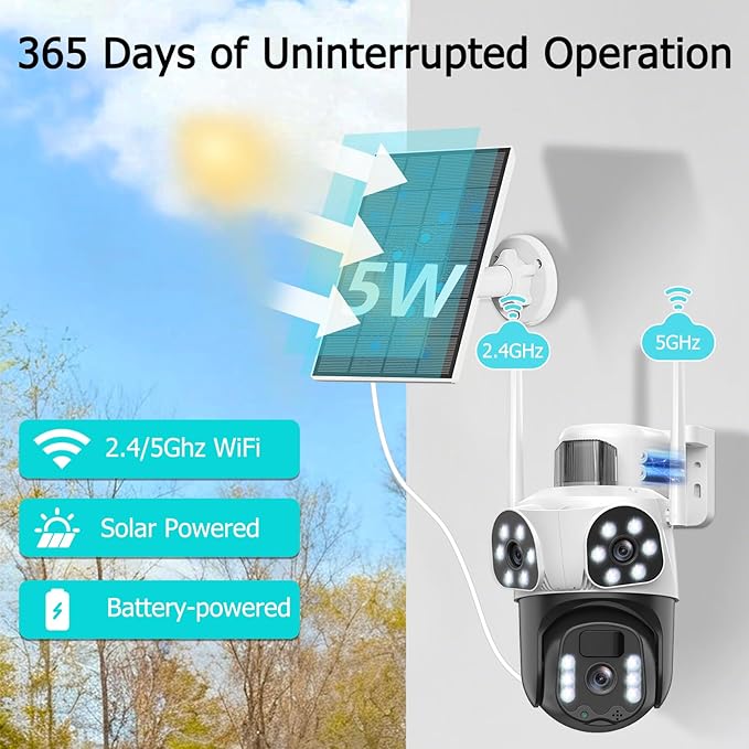 4K Solar Security Camera Wireless Outdoor with Dual-Lens,2.4G WiFi Cameras for Home Security with WiFi 6,8MP Color Night ViSion,PIR Motion Detection,Auto Tracking,2-Way Audio,Spotlight Siren,Alexa