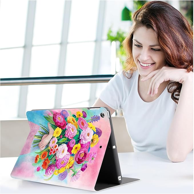 Vimorco for iPad 9th Generation Case, for iPad 7th/8th Generation Case for iPad 10.2 Cover, Auto Sleep/Wake, for iPad Cover 9th Generation Multi-Angle View, Pink and Blue Bouquet Flower