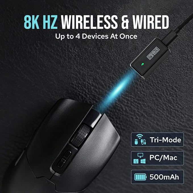 EPOMAKER Click Gaming Mouse Wireless 2.4Ghz/BT/Type-C, 800 to 42,000 DPI Adjustable, 8K Polling Rate, 500mAh, Lightweight Optical Mouse, for PC/Mac/Linux (Black)