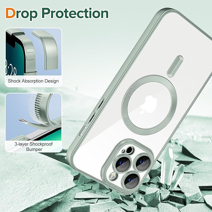 Hython Magnetic Clear for iPhone 13 Pro Case with Camera Lens Protector [Compatible with MagSafe] Luxury Plating Edge Slim Soft TPU Cover Protective Phone Case for iPhone 13 Pro 6.1", Matte Mint
