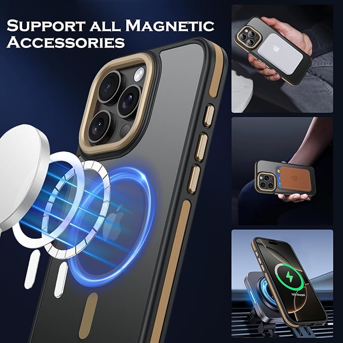 YINLAI Case for iPhone 16 Pro Max, Magnetic [Compatible with Magsafe] Supports Wireless Charging Slim Translucent Matte Men Women Shockproof Protective Back Phone Cover 6.9 Inch,Black/Desert Titanium