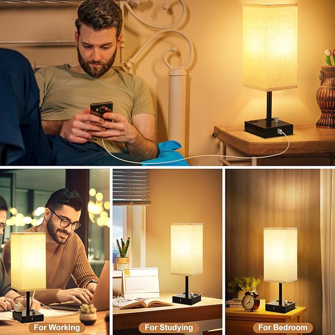 aooshine Fully Dimmable Nightstand Lamps Set of 2 - Table Bedside Lamp with USB C+A Charging Ports & 2 AC Outlets, Square Lamp Sets Linen Fabric Shade for Bedroom Living Room(Bulb Included)