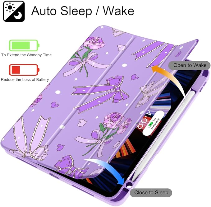 Tuiklol for iPad Pro 12.9 Inch 6th/5th/4th/3rd Generation 2022 2021 2020 2018 Case,Built-in Pencil Holder Clear Transparent Protective Back Shell Cover with Auto Sleep/Wake, Bow & Rose Purple