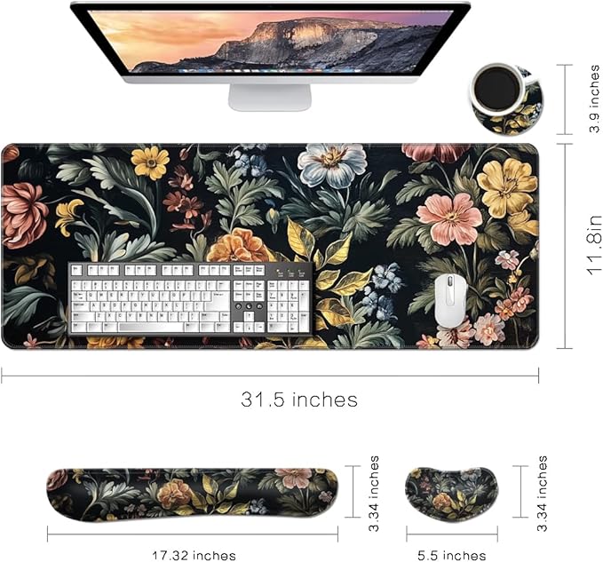 MIBITRI Keyboard Mouse Pad Set, Extended Gaming Mouse Pad+Ergonomics Keyboard Wrist Rest Support, Memory Foam, Easy Typing Pain Relief, 4Pcs XXL Ultra Thick Desk Mat, Elegant Flowers