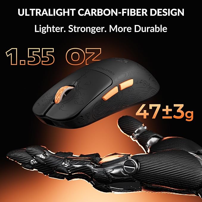 Keychron G3 8K Carbon Fiber Wireless Gaming Mouse, 30000 DPI - PAW 3950 Sensor, 47±3g Ultra-Lightweight, Wired/BT/2.4GHz, 160Hr Battery Life, 5 Programmable Buttons, Windows/Mac/Linux - Black
