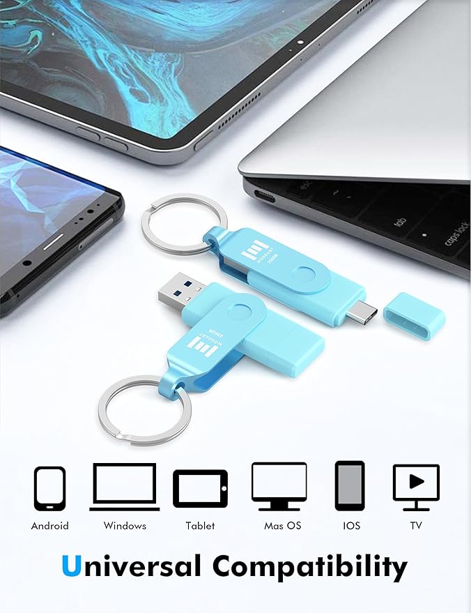 MOSDART 256GB USB C 3.2 Fast Speed C and A Dual Flash Drive, exFAT Memory Stick with Keychain and LED Indicator, for iPhone 15,16,17, Android Phone, iPad, MacBook, and Other Laptops, Sky Blue