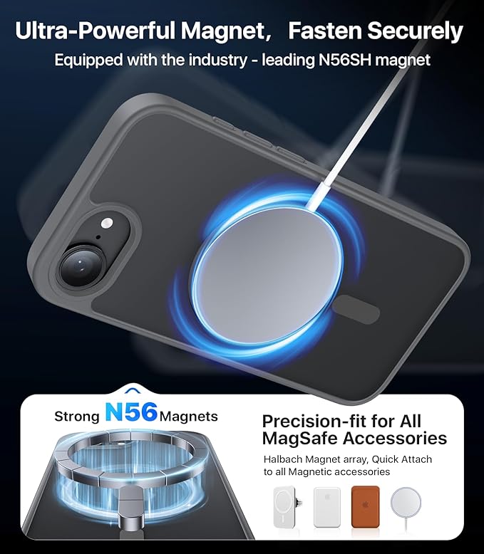 Eastinbox Magnetic Shockproof for iPhone 17e & iPhone 16e Case [Compatible with MagSafe] [Military-Grade Protection] Anti-Yellowing, Matte Protective Phone Case for iPhone 17 e/16 e 6.1", Grey