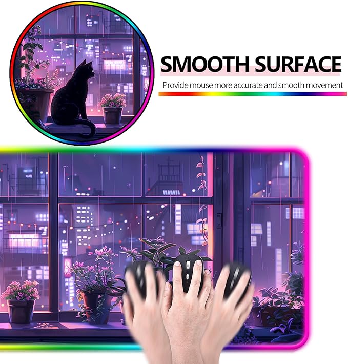 RGB Japanese Anime Cute Cat and Plant Gaming Desk Mat, Computer Keyboard Large Extended Kawaii Animal LED Mouse Pad for Office and Home, 31.5×11.8 Inches, XL, Purple
