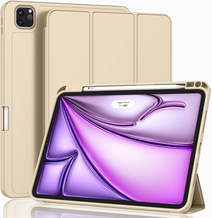 ZryXal New iPad Air 13 Inch Case M3 2025/M2 2024 with Pencil Holder, Trifold Stand Smart Case with Soft TPU Back,Auto Wake/Sleep(New Champagne Gold)