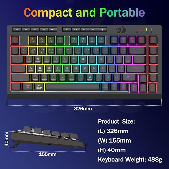 Redragon Wireless Gaming Keyboard, Bluetooth/2.4GHz/USB-C Wired, RGB Backlit, Portable 75% Mini Quiet Macro Membrane Keyboard, Rechargeable 4000mAh Battery, Anti-Ghosting for Win/MAC