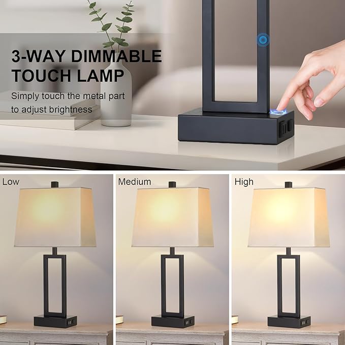 Touch Control Table Lamps with 2 USB Charging Ports & AC Outlets, 23" Tall Modern Nightstand Bedside Lamp for Bedroom, 3-Way Dimmable Metal Table Lamp with Fabric White Shade for Living Room End Table