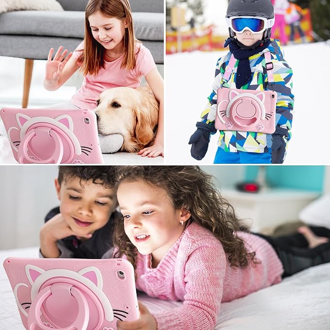 Kids Case for Apple iPad A16 11" 11th 10th Gen 10.9" 2025 2022, Cute Design EVA Kickstand Heavy Duty Shockproof Kids Friendly Bumper Case with Shoulder Strap Cover for iPad 11th 10th Gen, Pink Cat