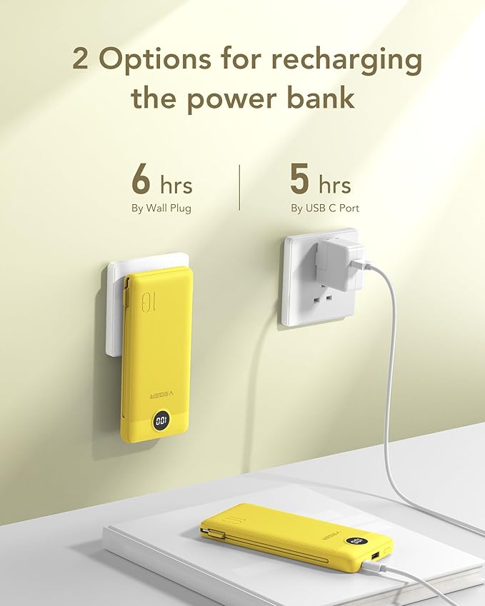 VEGER Portable Charger with Built-in AC Plug and Cables, All in One 10000mAh Ultra Slim Power Bank Travel Essentials, Fast Charging Battery Pack Compatible with iPhone, Samsung, Android (Yellow)
