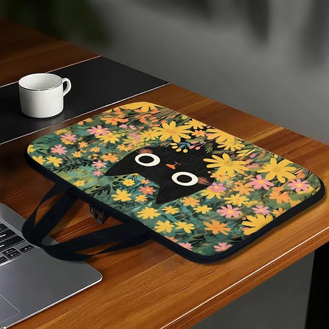 12 Inch Black Cat Flowers Laptop Sleeve Case, Sturdy Computer Bag Tablet Carrying Case with Handle, Tote Bags for Work/School/Travel, Large Capacity Notebook Messenger Briefcase