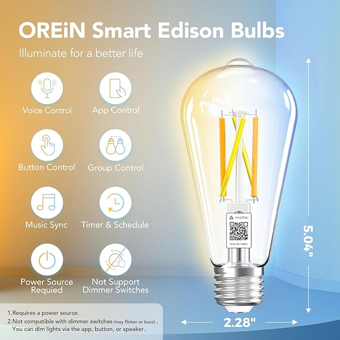 OREiN Matter Smart Light Bulb, ST19(58) Smart Edison Bulbs with Remote Control Work with Apple Home, Alexa, Google Home, SmartThings, 800lm 2700K-6500K Smart Filament Bulb E26 Base 6Pack