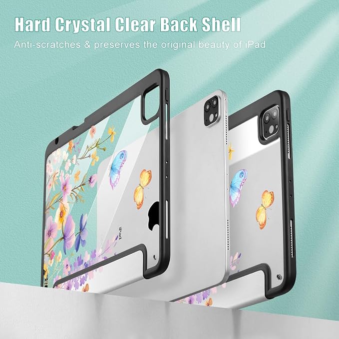 Tuiklol for iPad Pro 11 Inch 4th / 3rd / 2nd / 1st Gen (2022 2021 2020 2018) Case -Built-in Pencil Holder Shockproof Cover Clear Transparent Back Shell with Auto Wake/Sleep, Purple Flower