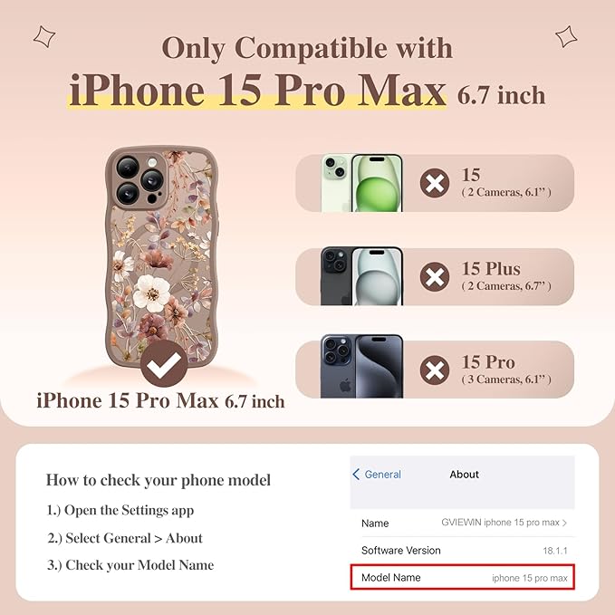 GVIEWIN for iPhone 15 Pro Max Case Compatible with MagSafe [Curly Wave Edge][Full Camera Protection] Floral Translucent Shockproof Magnetic Women Phone Case for 15 Pro Max 6.7'', Corn Poppy/Brown