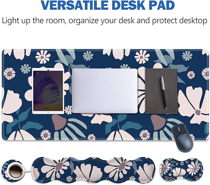 ARTSO Keyboard Mouse Pad Set, Blue Flower Large Gaming Mousepad +Keyboard Wrist Rest +Mouse Wrist Rest +Coaster, Ergonomic Mousepad Memory Foam Cushion for Home Office