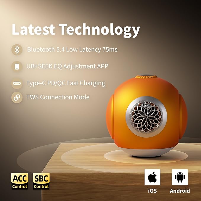 UB+ dBMiNi Waterproof Portable Bluetooth Speaker, 40W Peak Dual Subwoofers Deep Bass Wireless Speaker for Outdoor/Garage/Home/Office, IPX5 Rugged Travel Speaker (Sunrise Amber)