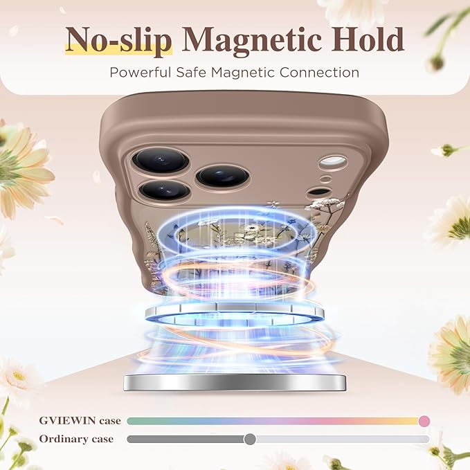 GVIEWIN for iPhone 17 Pro Max Case Compatible with MagSafe [Curly Wave Edge][Full Camera Protection] Floral Translucent Shockproof Magnetic Women Phone Case for 17 Pro Max, Floratopia/Brown