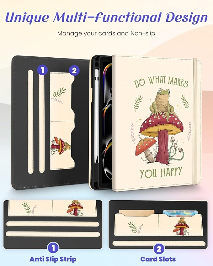 Kidcube for iPad Pro 11 Inch Case M4 2024 5th Generation - Women Girls Cute Rotating Stand Folio Cover with Pencil Holder & Card Slot Cool Frog Mushroom Design for iPad Pro 11'' Case 2024 M4 5th Gen