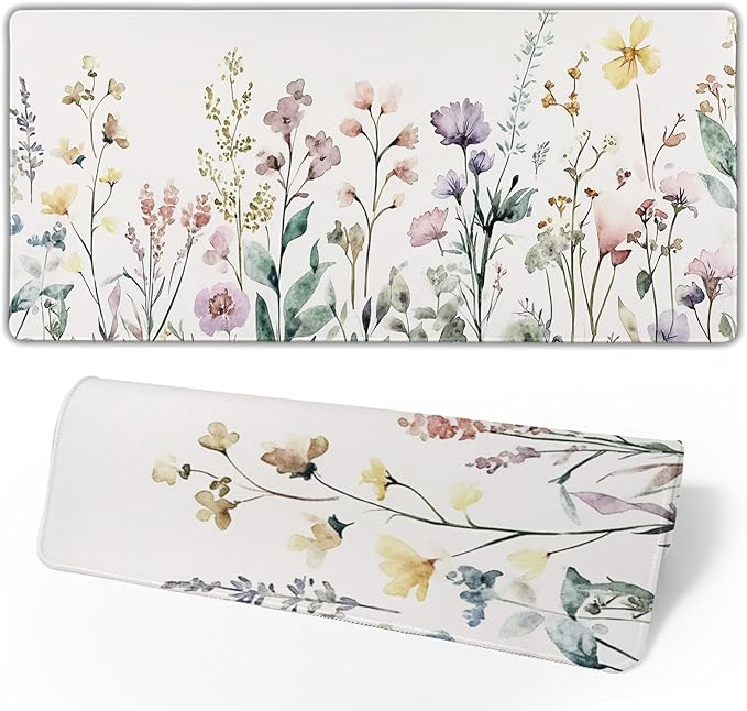 Floral Desk Mat Large Extend Mouse Pad XXL Beige Boho Desk Pad 35.4x15.7 Inch Cute Minimalist Flowers Mouse Pads Flowers Esthetics Computer Laptop Mouse Mat Non-Slip for Home Office Desktop Decor