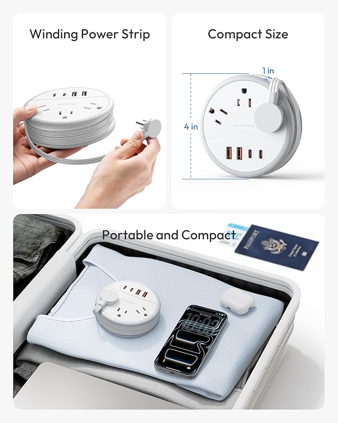 NTONPOWER Travel Power Strip 20W, Travel Essentials, Cruise Essentials 2026 3 Outlets 4 USB Ports(2 USB C), 4FT Wrapped Around Extension Cord for Travel Cruise Ship Beach Vacation Essentials