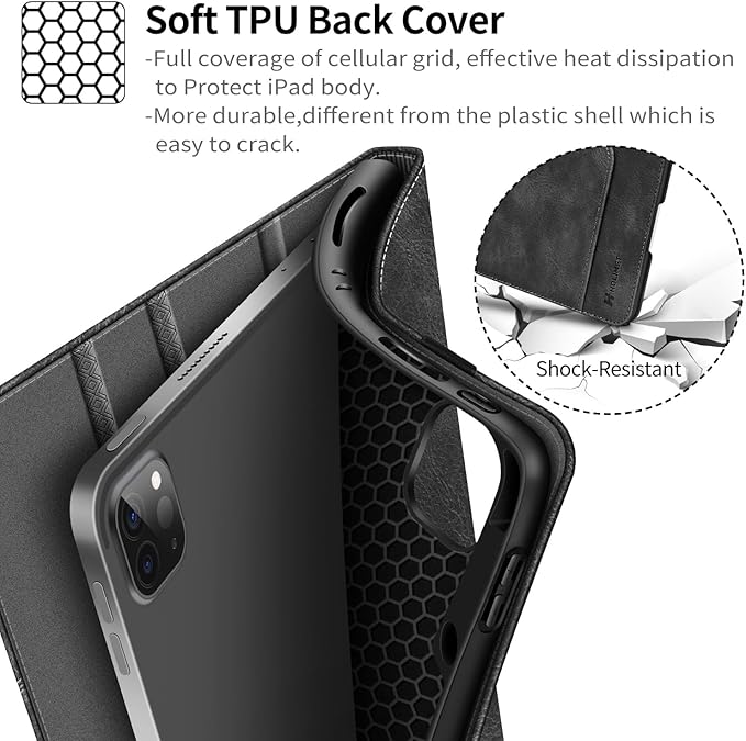 H HOLIMET Case for iPad Pro 11 inch M5 2025/M4 2024 with Pencil Holder Supports Pencil Pro and Pencil Auto Sleep/Wake Function Vegan Leather Smart Stand Cover (Black)