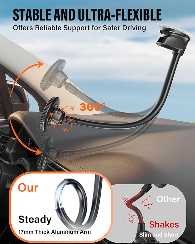 APPS2Car for MagSafe Car Mount Magnetic Phone Holder Upgraded 14-Inch Long Arm Suction Cup Windshield Mount fits iPhone 17 Pro Max Plus 16 15 14 13 12 Mini
