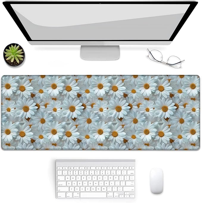 Gaming Mouse Pad, White Daisy Flower Mouse Pad, Desk Mat, Non-Slip Rubber Base MousePads for Computers Laptop Office School Home Accessories Decor 31.5" x 11.8"