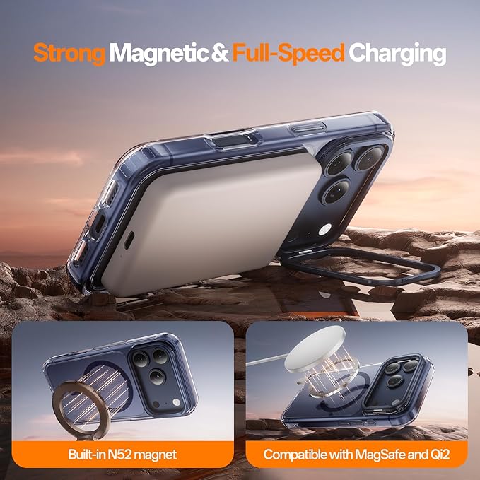 3-in-1 for iPhone 17 Pro Max Case with Frame Stand[1 Screen Protector & 1 Camera Lens Protector ][Not Yellowing][Military-Grade Drop Protection][Fits MagSafe][Shockproof & Magnetic] (Clear-Blue)