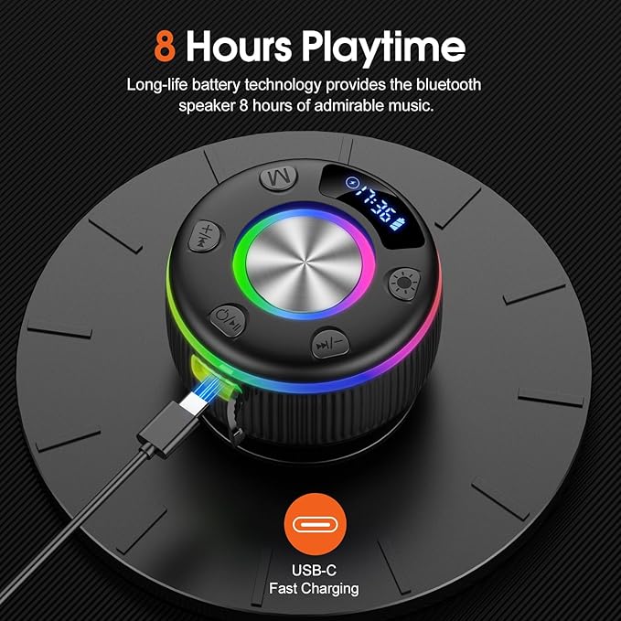 Bluetooth Shower Speaker, IP7 Waterproof Portable Bluetooth 5.3 Speakers with Suction Cup, Mini Wireless Speaker with RGB Lights Time Display, Loud Stereo Sound for Bathroom Beach Outdoor Party Gift