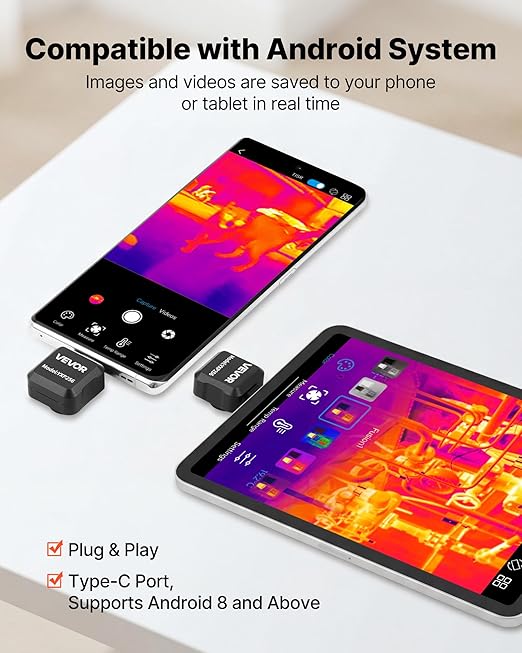VEVOR 2025 Upgraded Thermal Imaging Camera for Android, 512 x 384 TISR Super Resolution, 25HZ Refresh Rate Infrared Thermal Imager for Smartphone Tablet, 256 x 192 IR Resolution,15 Color Palettes