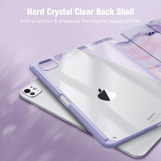 Fintie Hybrid Slim Case for iPad Pro 11-inch (M5) 2025 / (M4) 2024 - [Built-in Pencil Holder] Shockproof Protective Cover with Clear Transparent Back Shell, Lilac Marble