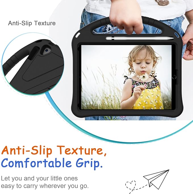 Kids Case for iPad 7th 8th 9th Gen/Air 3rd Gen/Pro 10.5", Techcircle Lightweight Shockproof EVA Foam Rugged Handle Stand Anti-Slip Grip Protective Case with Pencil Holder, Black