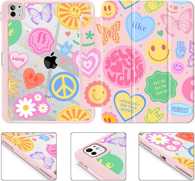 May Chen for iPad Pro 13 Inch Case M5 2025 / M4 2024, Built Pencil Holder & Clear Transparent Print Back Shell Slim Stand Shockproof Tablet Cover, Auto Wake/Sleep, Smile Art