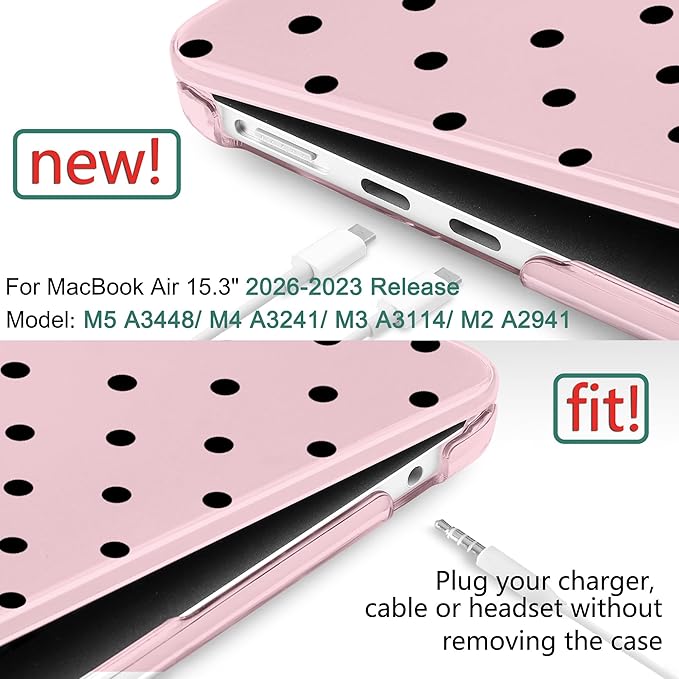 DONGKE Compatible with M5 MacBook Air 15 inch Case 2026 2025-2023 A3448 A3241 A3114 A2941 M4 M3 M2 Liquid Retina Display Touch ID, Protective Hard Shell Cover & Keyboard Skin - Black Polka Dots