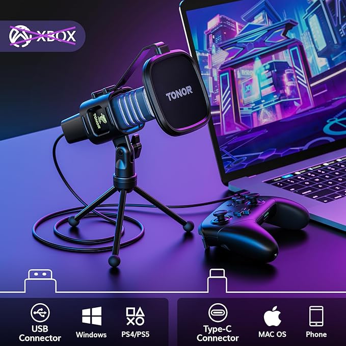TONOR RGB USB Microphone, Cardioid Condenser Computer PC Mic with Tripod Stand, Pop Filter, Shock Mount for Gaming, Streaming, Podcasting, YouTube, Twitch, Compatible with Laptop Desktop,TC30 with RGB