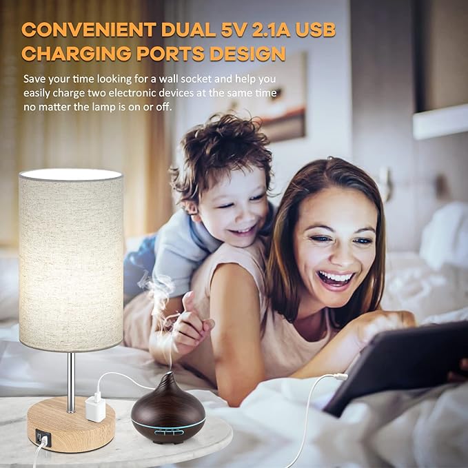 Bedside Table Lamps with 2 USB Charging Ports & AC Outlet, Set of 2 Touch Control Wooden Base Nightstand 3-Way Dimmable Lamps with Beige Fabric Shade for Bedroom, Living Room, A19 E26 Bulbs included