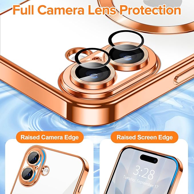 Hython Magnetic Clear for iPhone 17 Case with Camera Lens Protector [Compatible with MagSafe] Luxury Plating Edge Slim Soft TPU Cover Protective Phone Case for iPhone 17 6.3", Orange