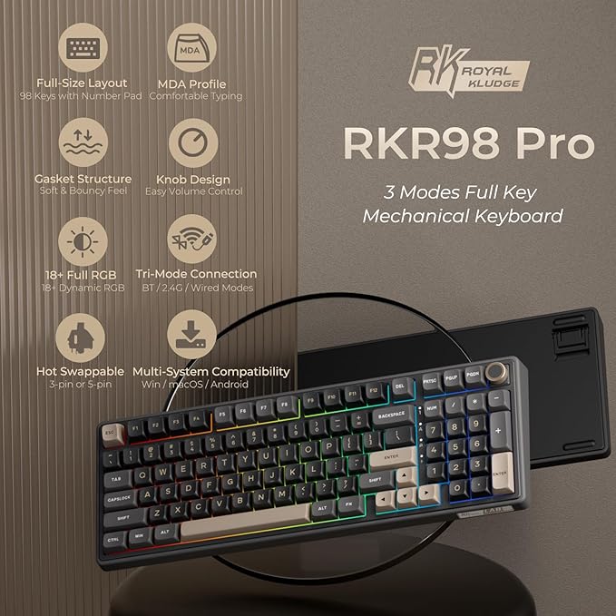 RK ROYAL KLUDGE R98 Pro Wireless Mechanical Keyboard, Creamy Bluetooth/2.4GHz/Wired RGB Gaming Keyboard with Number Pad and Knob, MDA Profile PBT Keycaps, Gasket Hot Swappable Linear Switch, Black