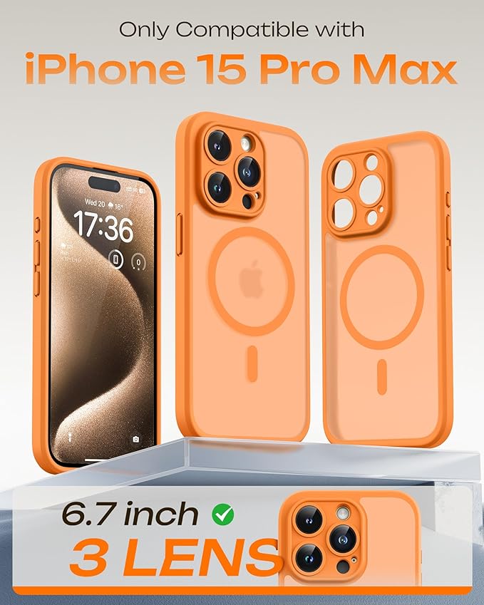 TOCOL for Phone 15 Pro Max Case, Compatible with Magsafe Charger, Full Camera Protection, Drop Protection, Translucent Matte Phone Case for iPhone 15 Pro Max 6.7 inch (Orange)